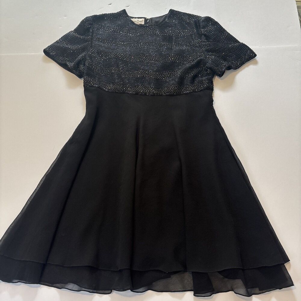 Laurence Kazar New York Vintage Bead Sequin Embroidery Chiffon Black Dress Sz XL